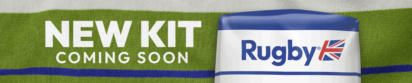 'New Kit Coming Soon' teaser web banner showing a hint of the new bag design on a green rugby shirt background