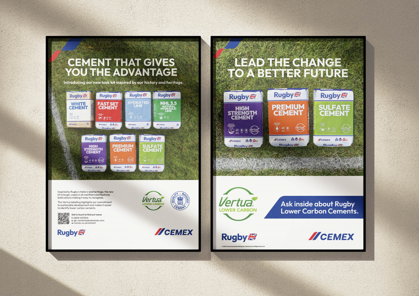 Two Posters shown on a wall with headlines 'Cement that gives you the advantage' and 'Lead the change to a better future'