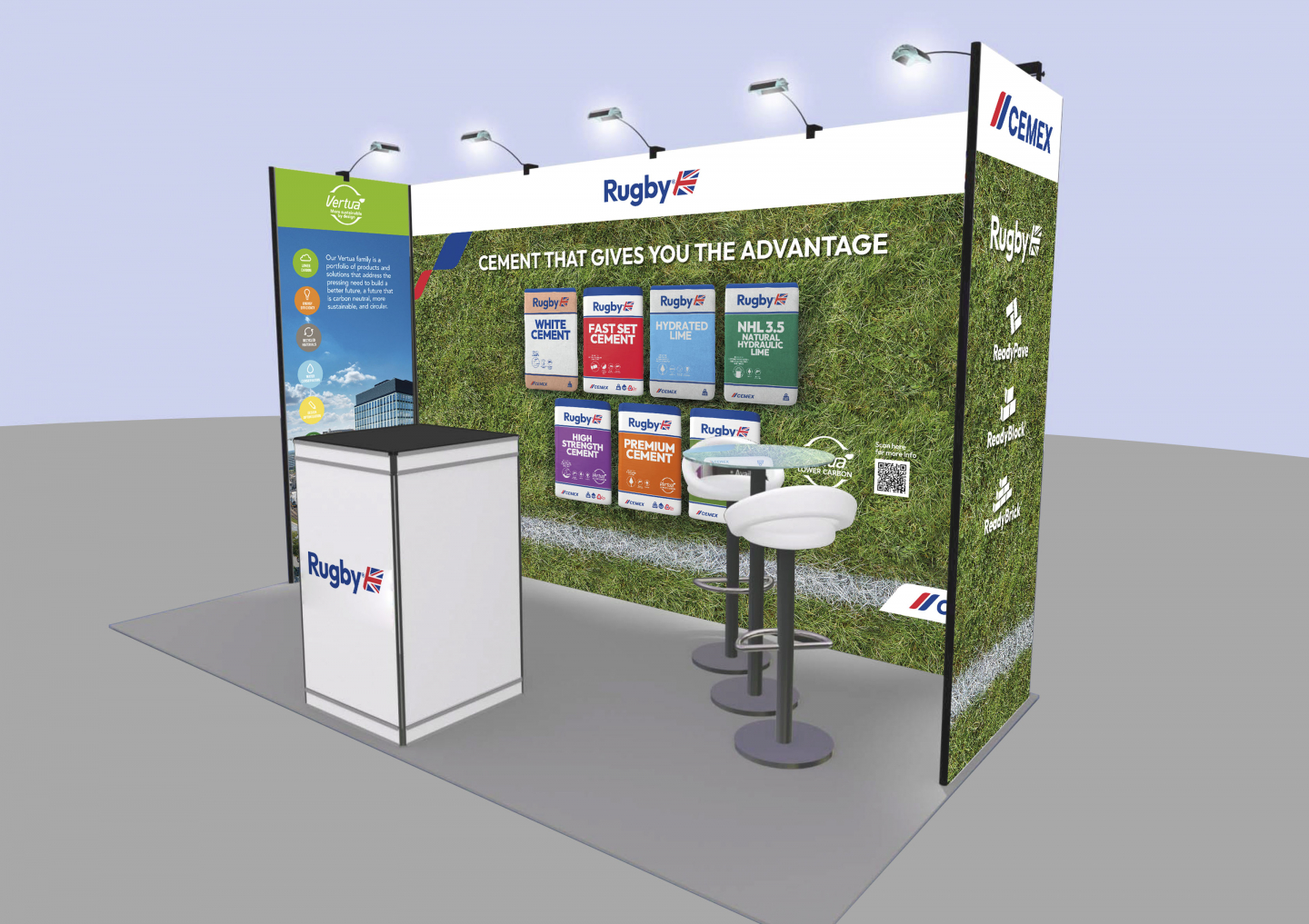 Event stand showing Rugby campaign grpahics and 'Cement that gives oyu the advantage' headline