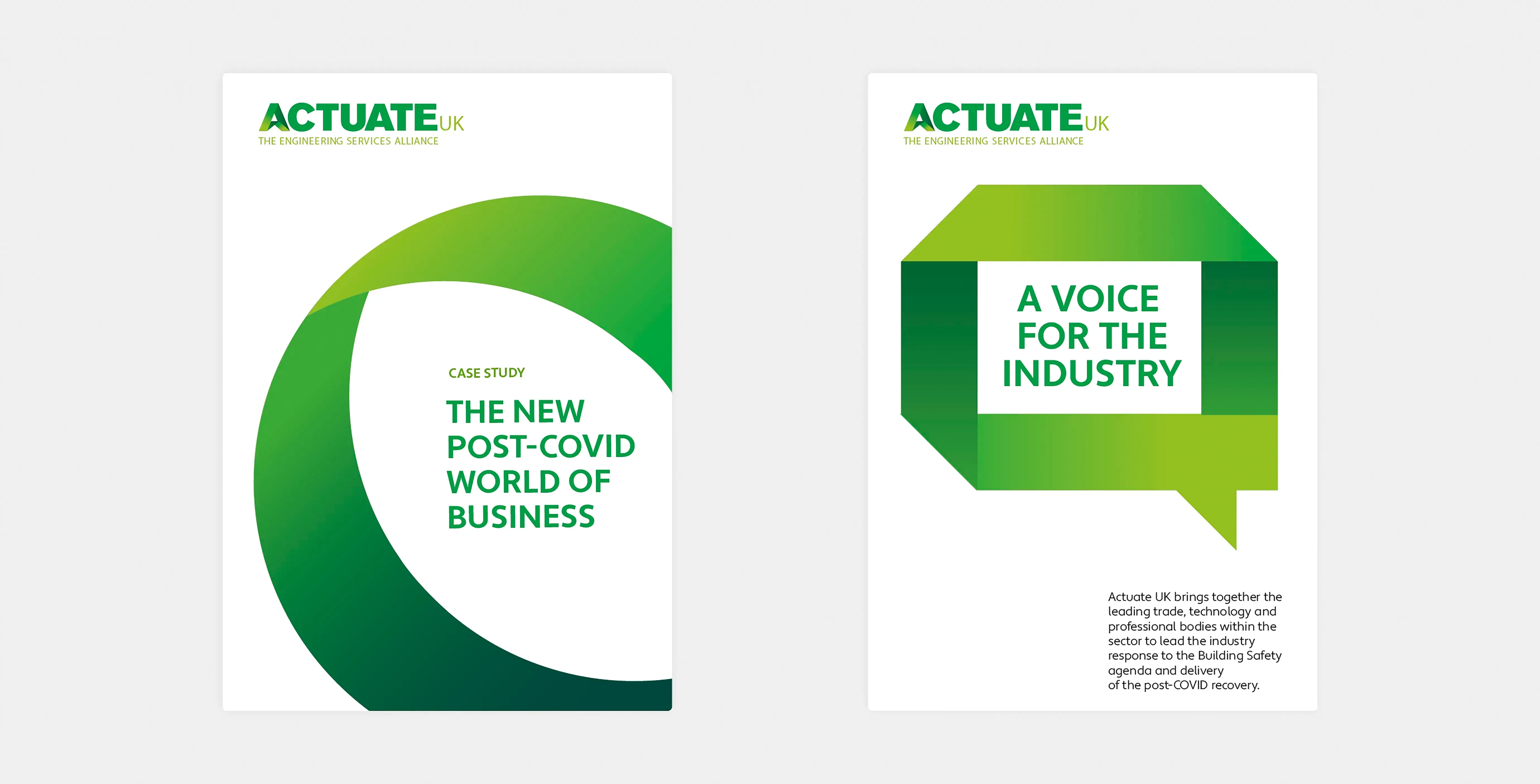Two Actuate flyer covers, using folded branded icons as large graphic framing devices.