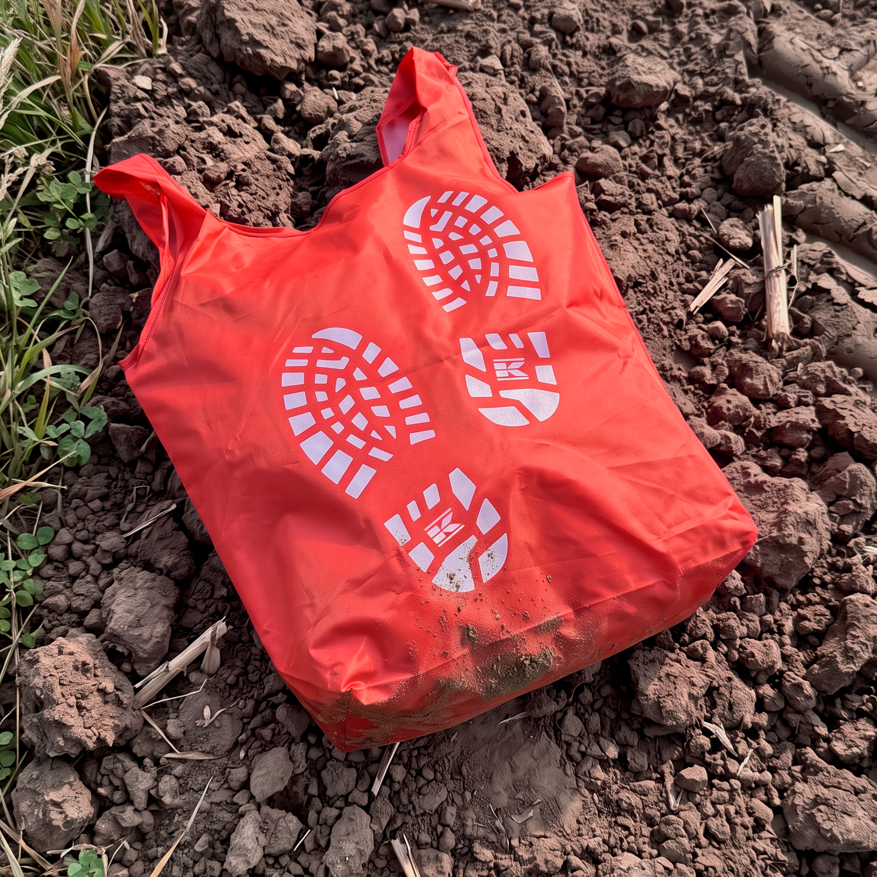 Red Kramp tote bag laying in field