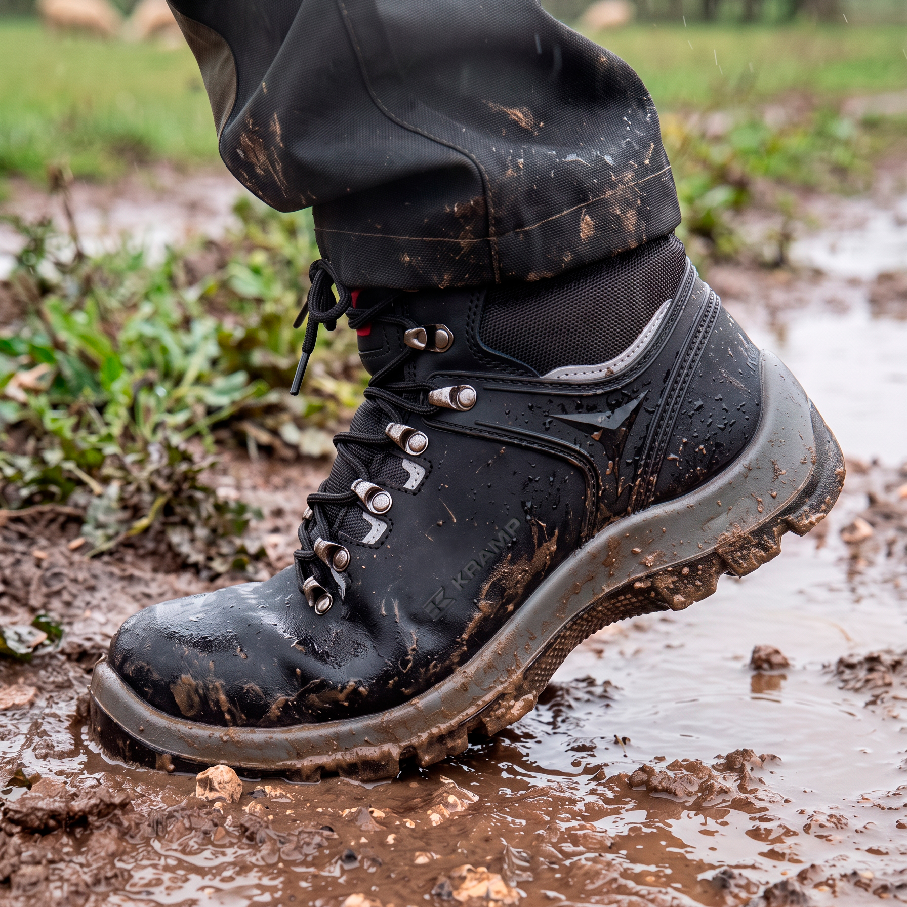 Kramp boot walking across a muddy wet field.