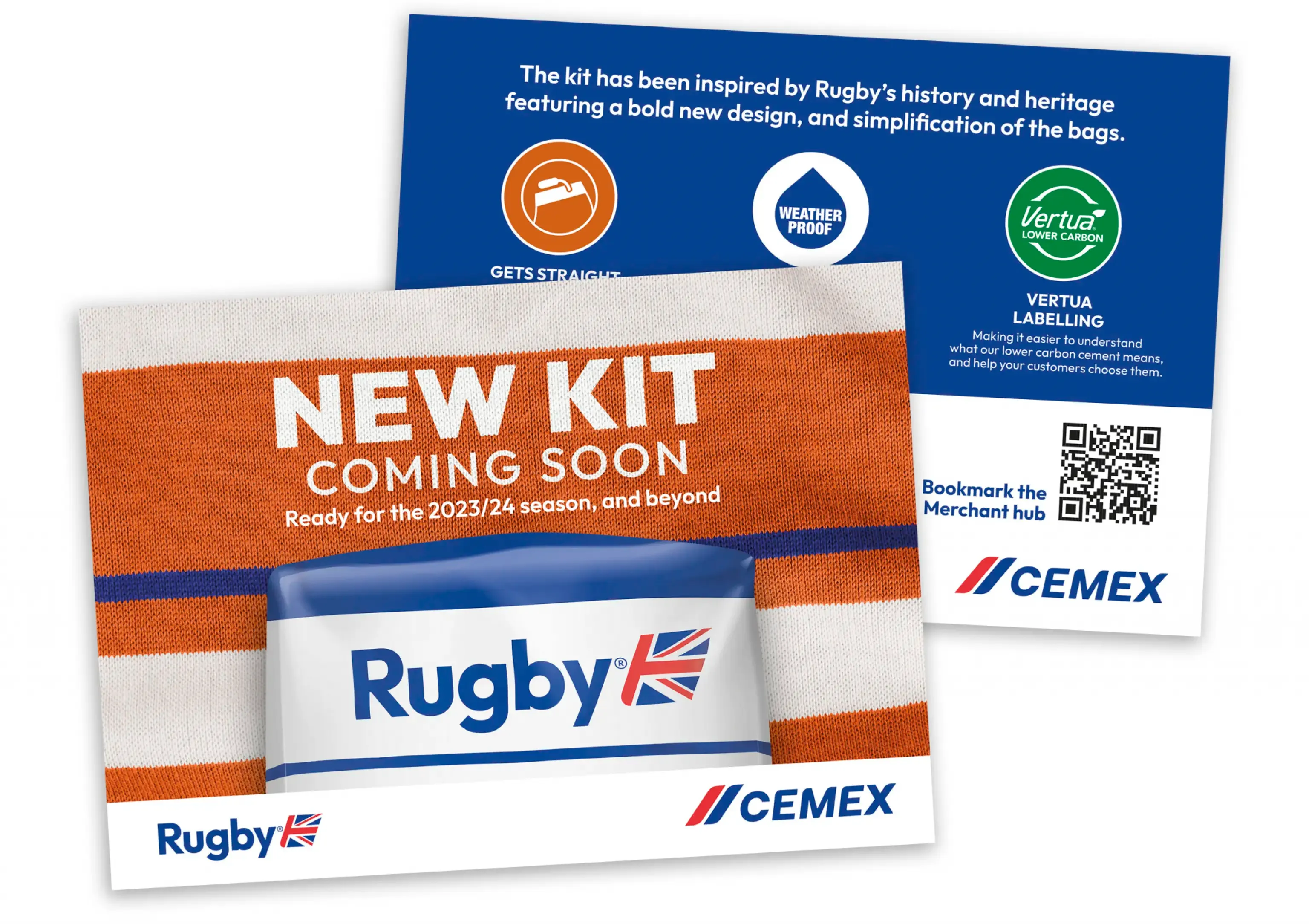 Digital advertisement pages for Cemex's 'New Kit', with a page explaining how the new designs link to Rugby's heritage and history.
