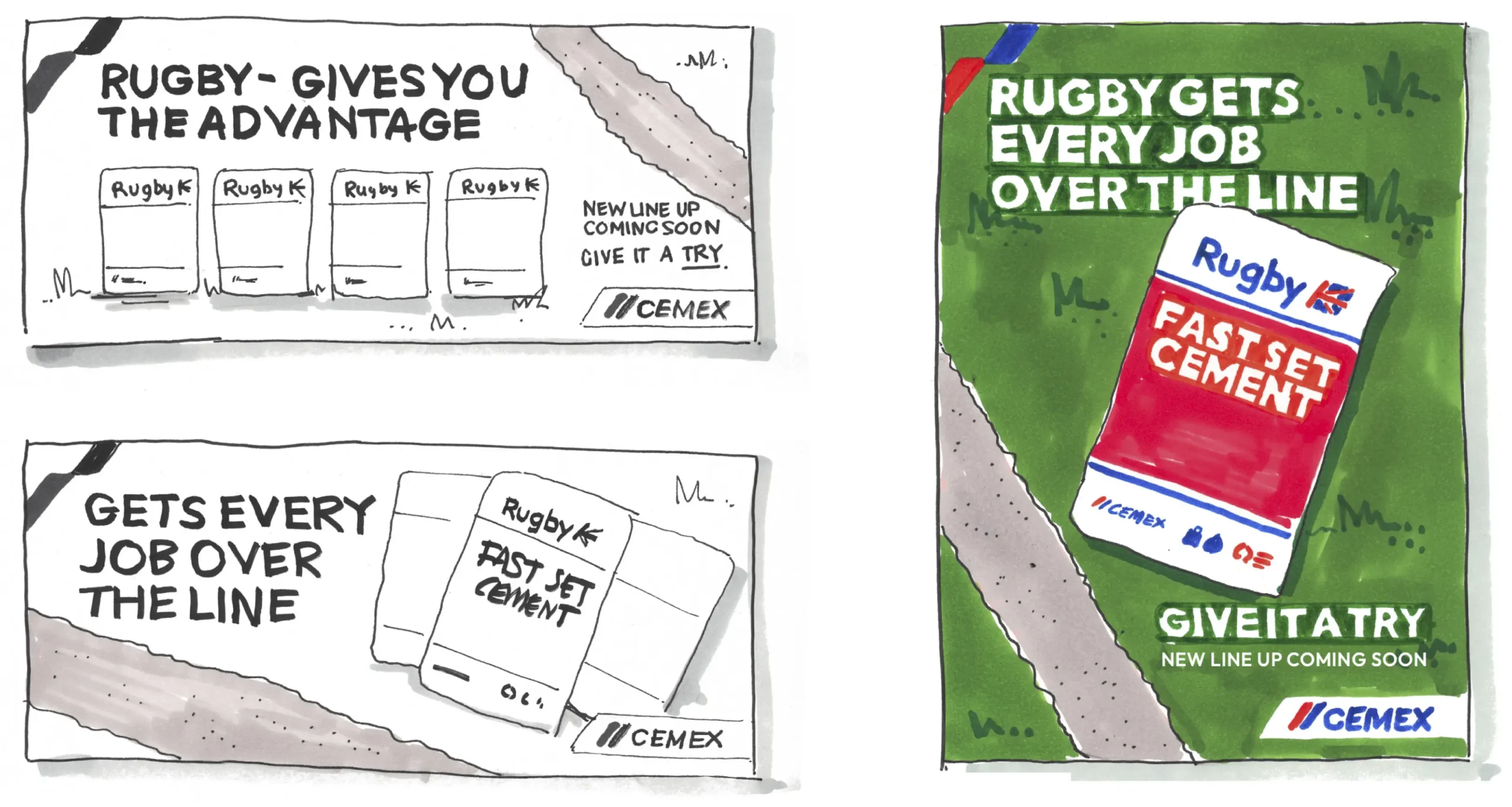 Initial hand drawn scamps for Cemex, including Cement bags,and advertisements.