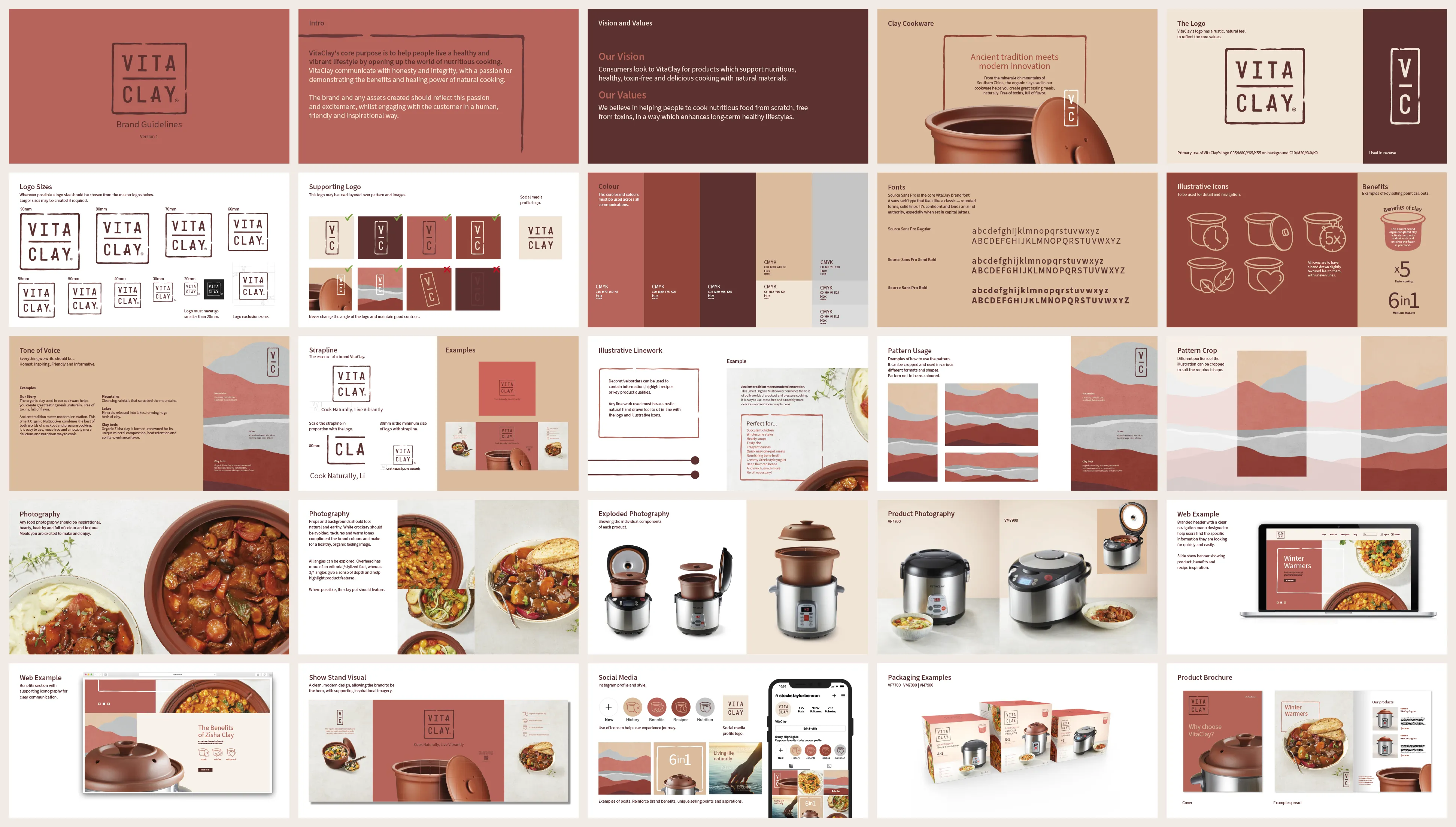 Full style guide designed detailing Vitaclay's vision and values along with how to use the brand assets, colour palettes, logos, fonts, icons, product photography and detail exploded photography.