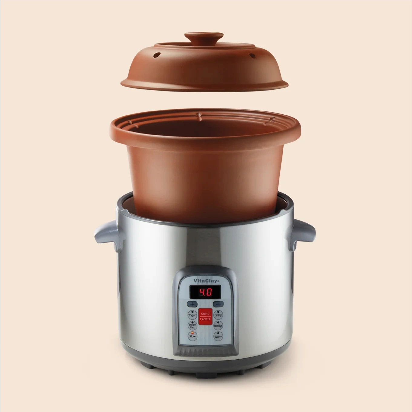 Product photography showing an exploded view of a VitaClay slow cooker used on sales material and product packaging designs.