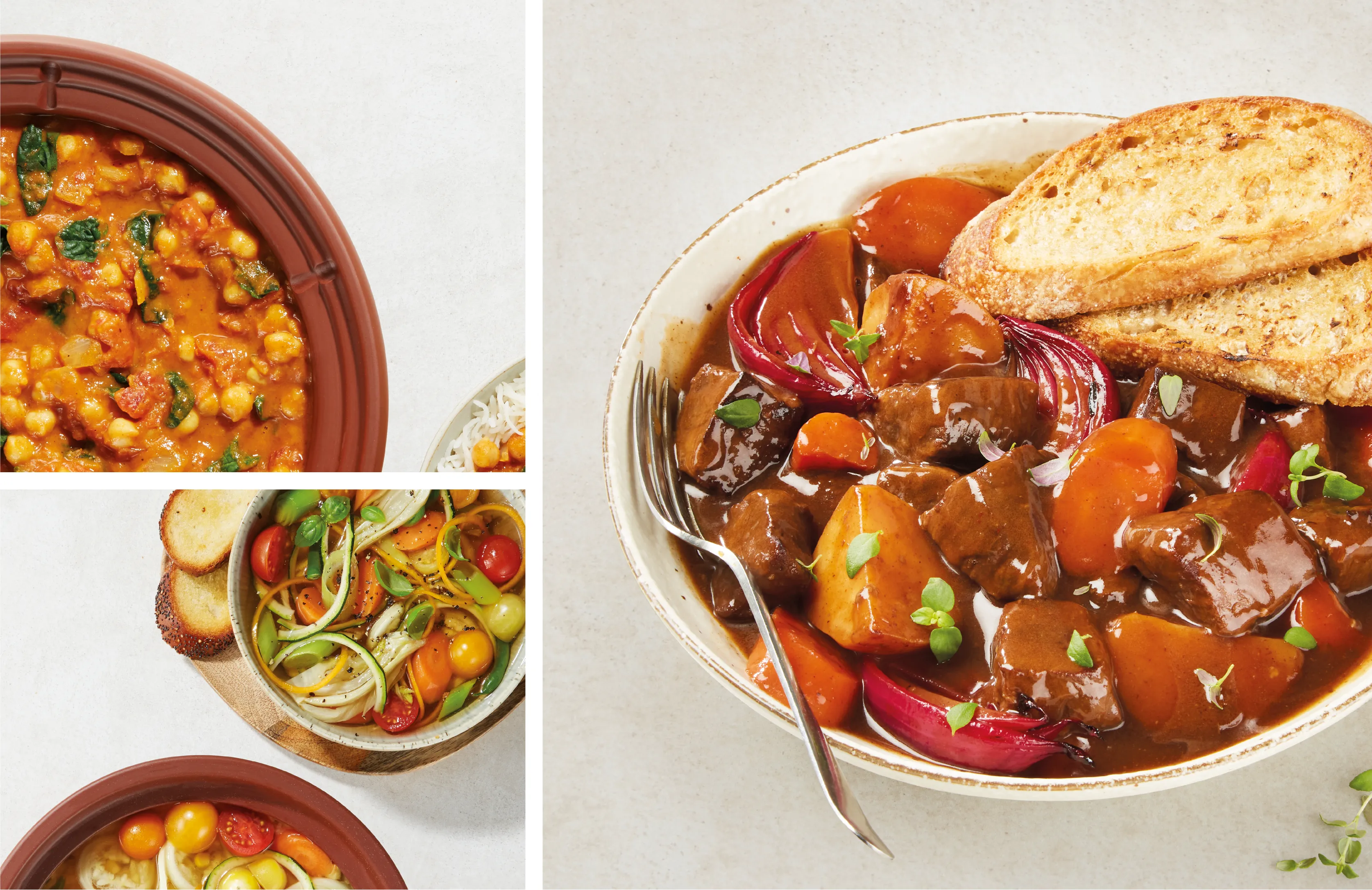Collage of studio photography showing cooking results using a Vita Clay slow cooker.
Final Images used on various printed materials including exhibition graphics and packaging design.