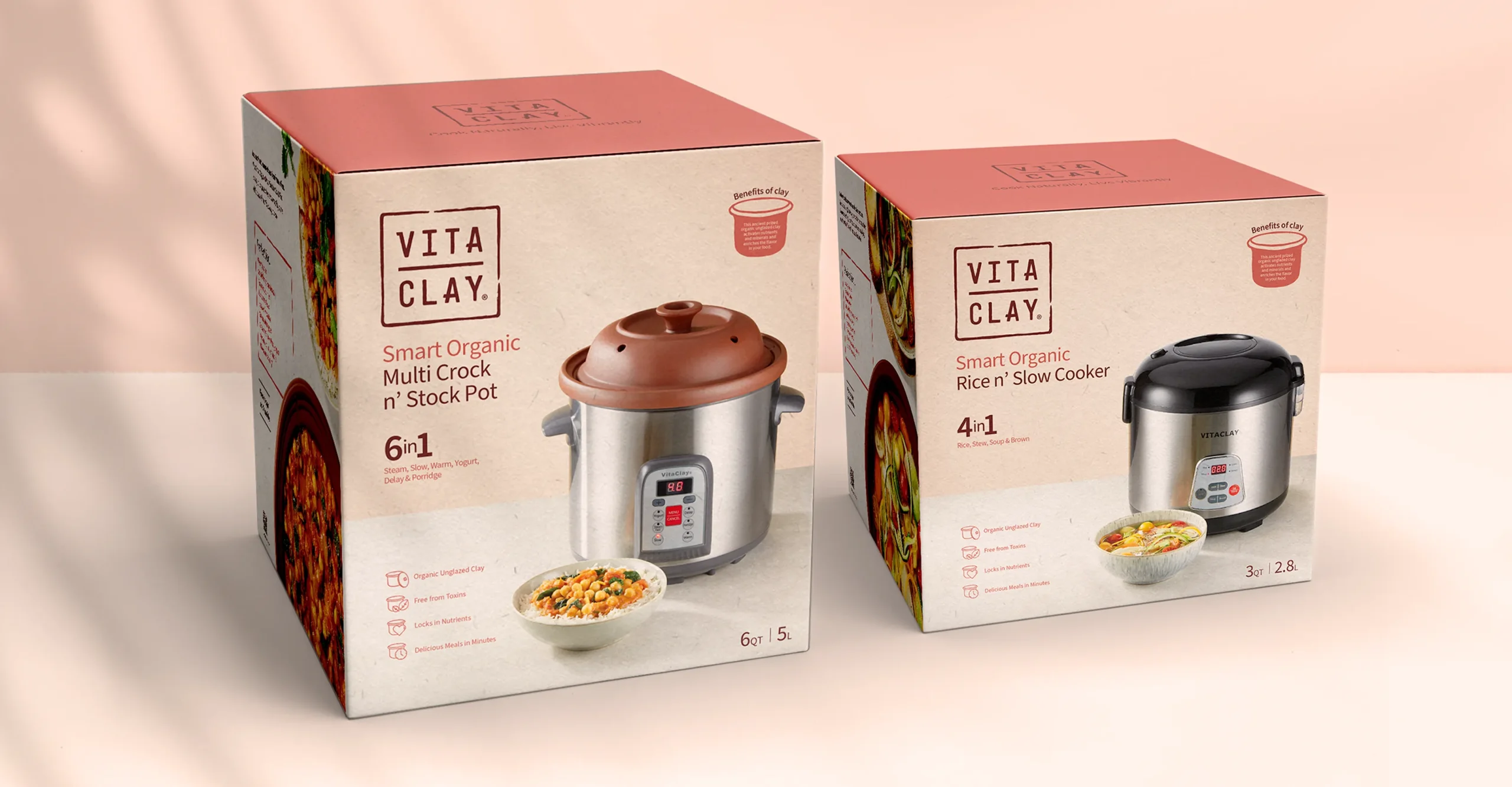 Packaging renders showing a Vita clay Multi Crock Pot and Rice Slow Cooker.