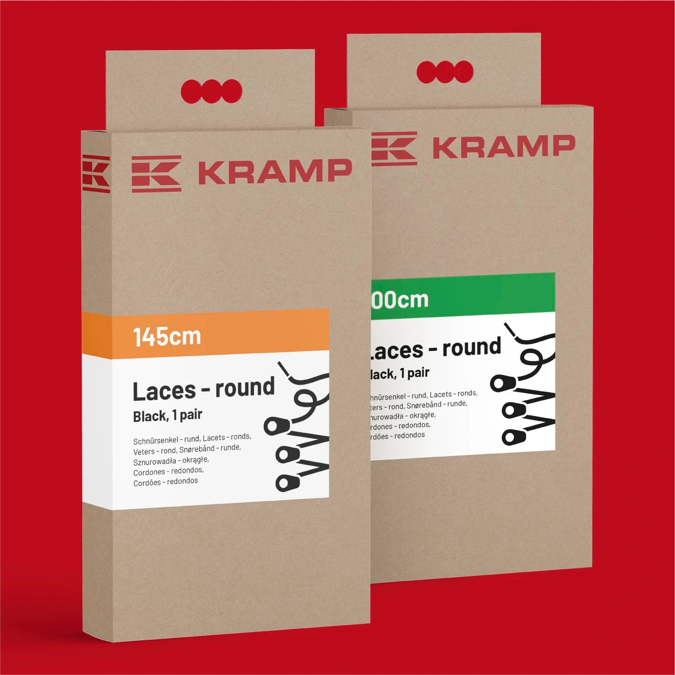Digital Renders of two Kramps laces boxes, against a red background.