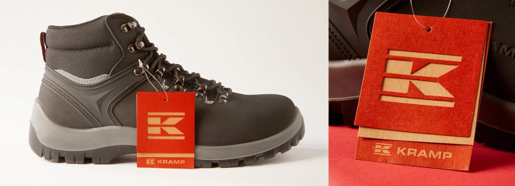 Kramp boot with label attached. Next to a closeup shot of a die-cut cardboard Kramp label.