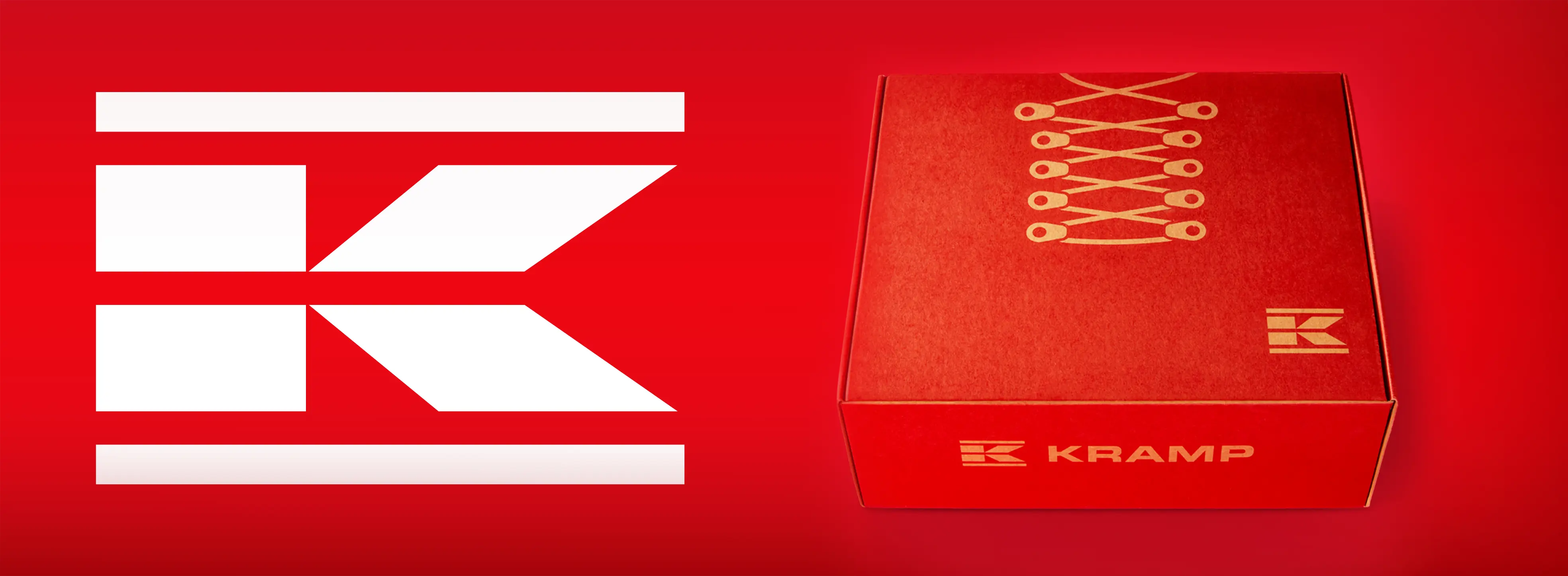Red Kramp shoe box, shot at a 3/4 angle, against a red background, next to the Kramp logo.