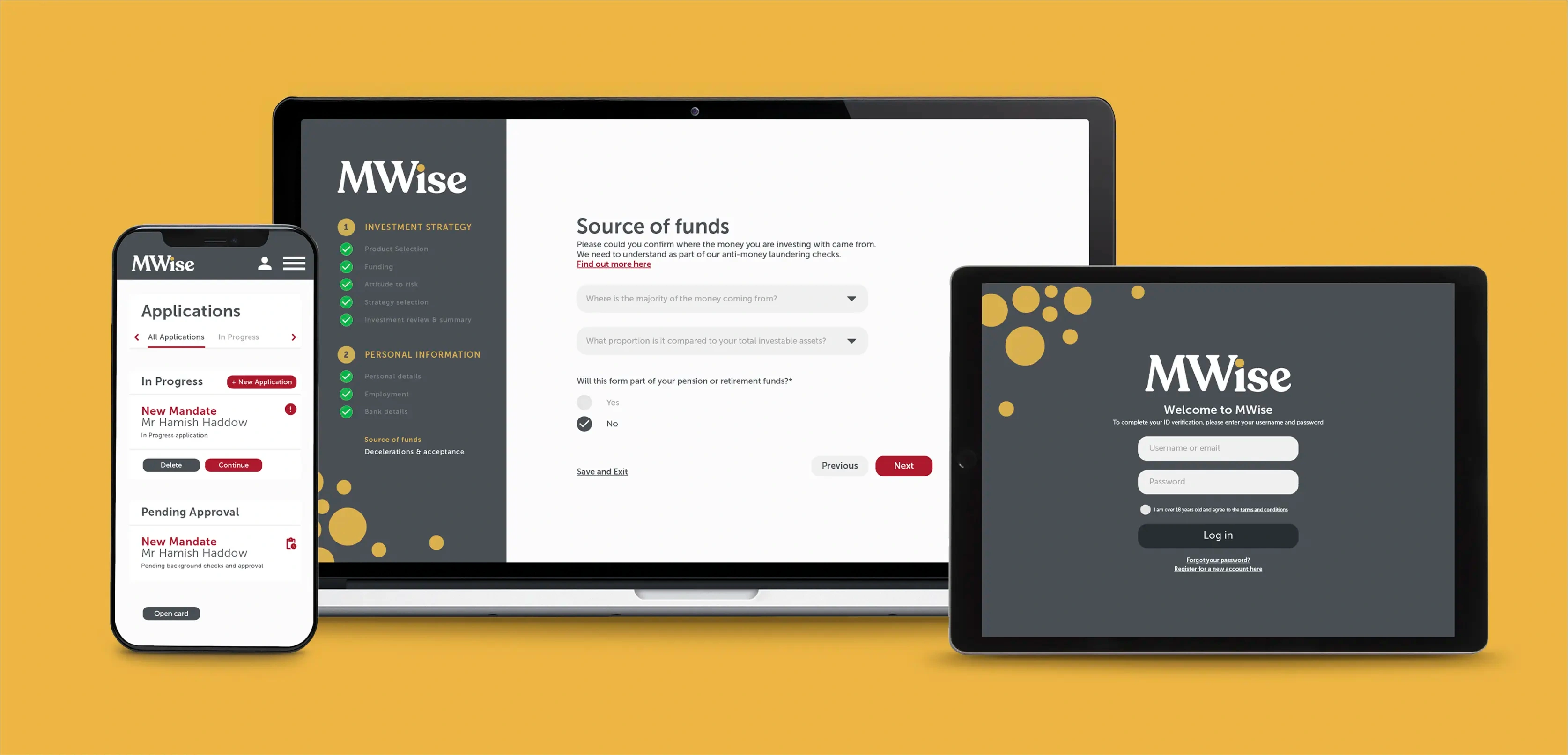 MWise app and website pages shown across multiple devices laptop smartphone and tablet