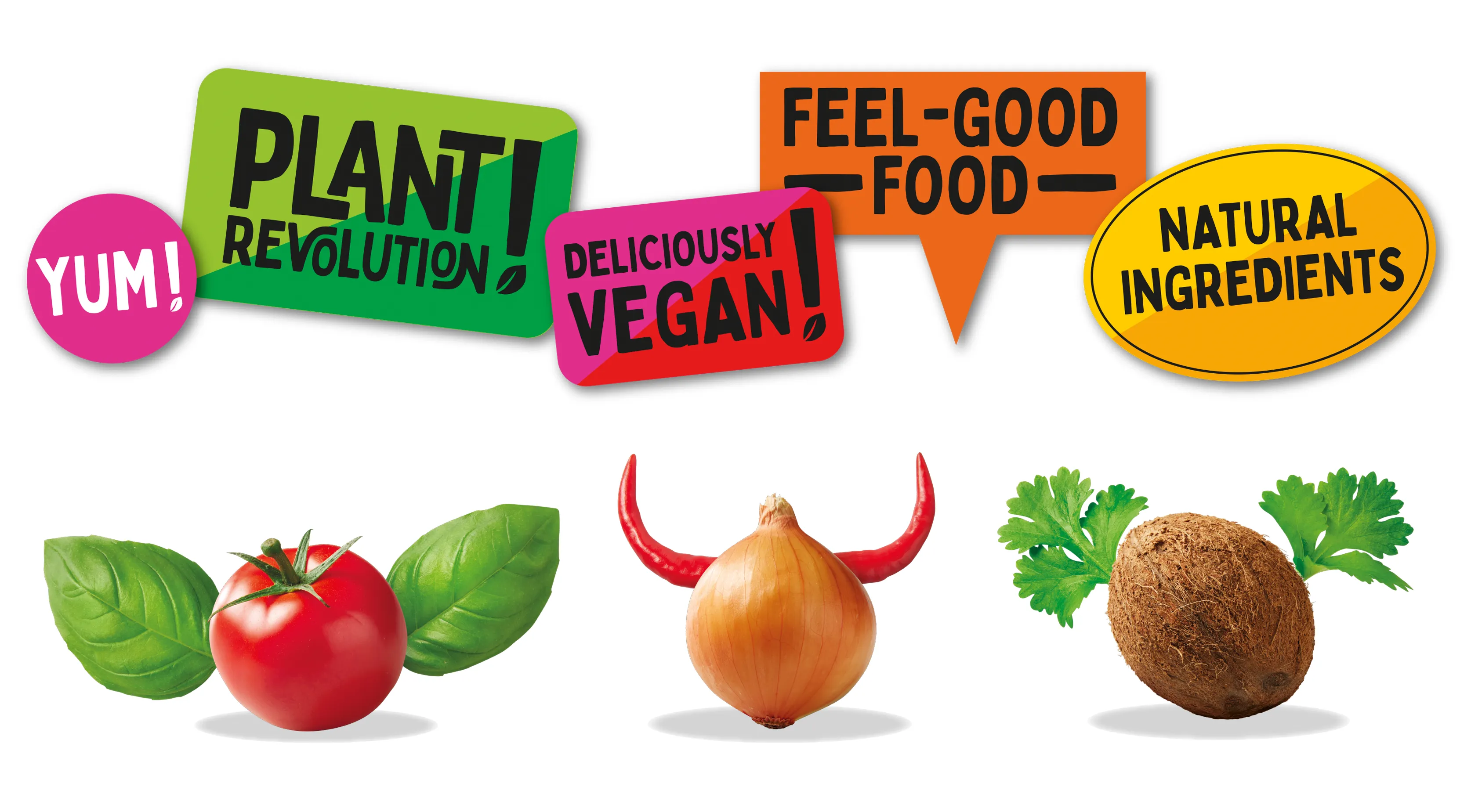 Plant Revolution brand assets including, bespoke callouts for packaging and playful photography.