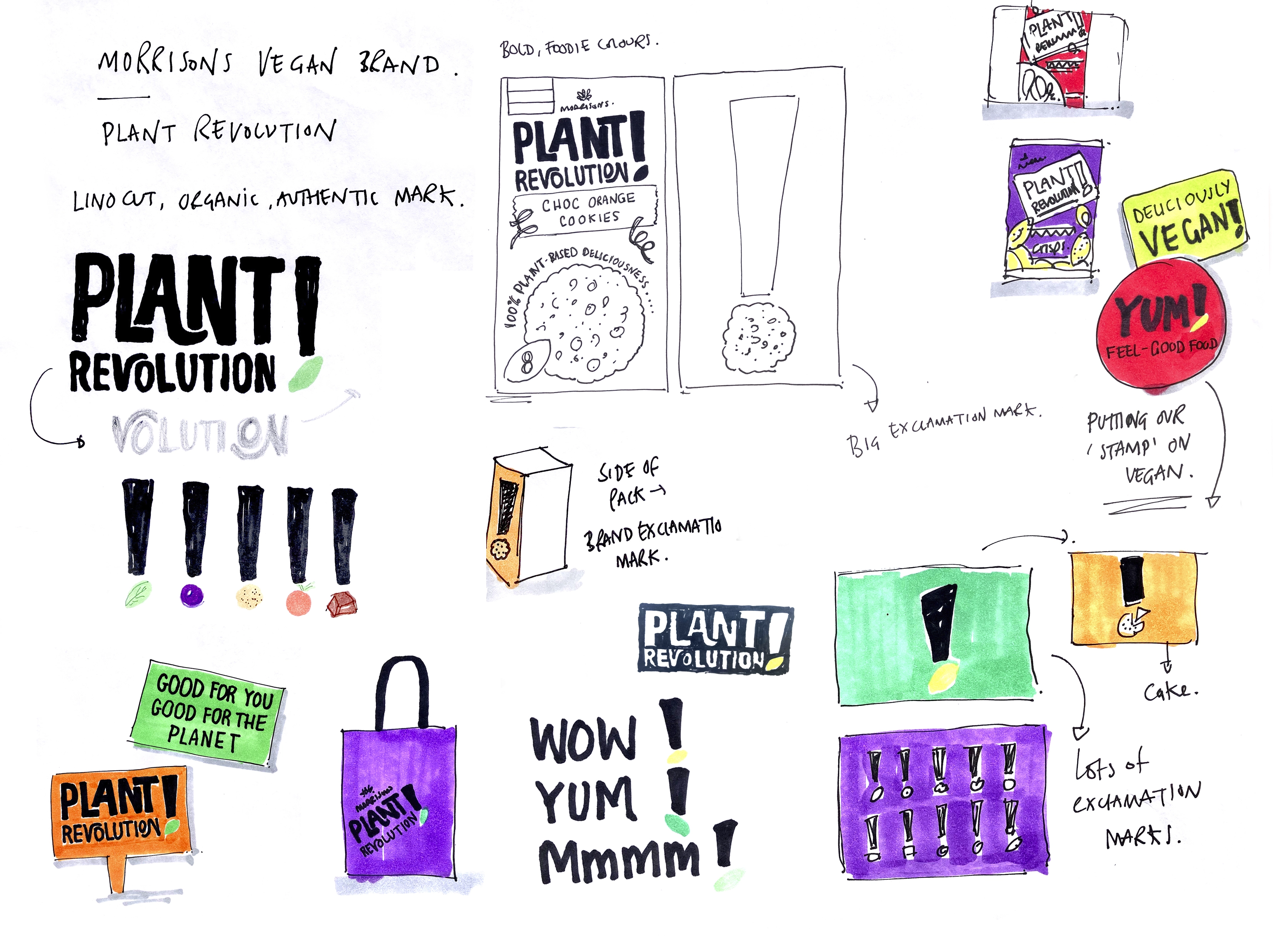 Initial hand illustrated Plant Revolution scamps, including the logo, bespoke callouts and packaging.