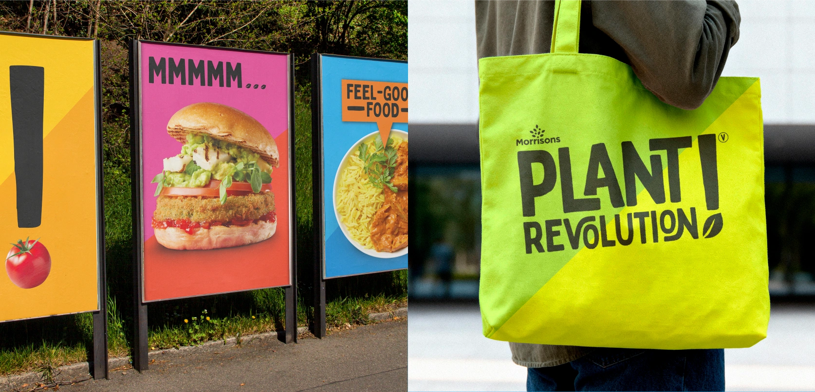Large Plant Revolution printed posters with photography and bold typography. Green and yellow tote bag with Hand printed lino Plant Revolution logo.