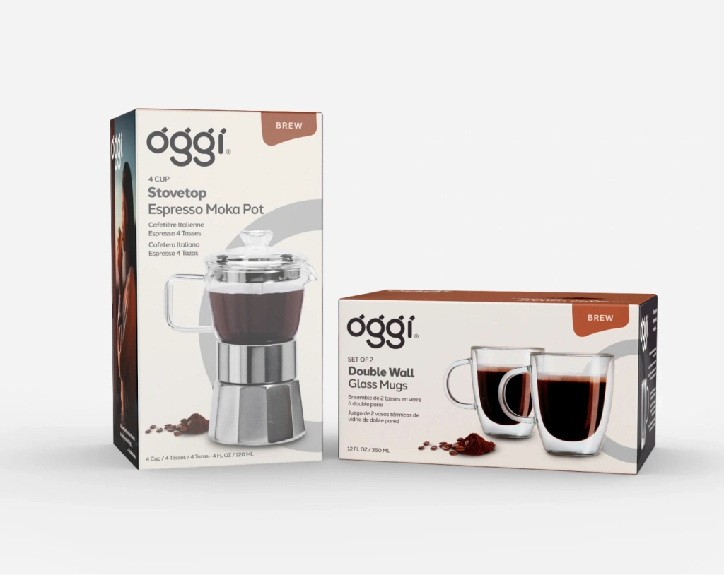 Oggi 'Stovetop Espresso Moka Pot' and 'Double Wall Glass Mugs' packaging photography.