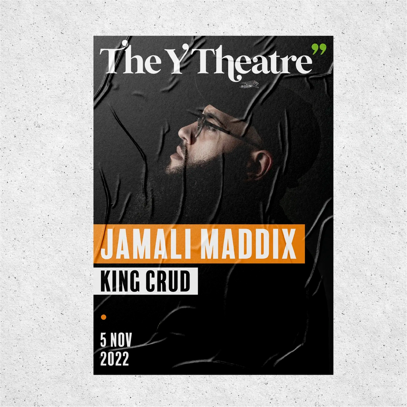 Poster design for The Y Theatre act "Jamali Maddix" night 5 November 2022.