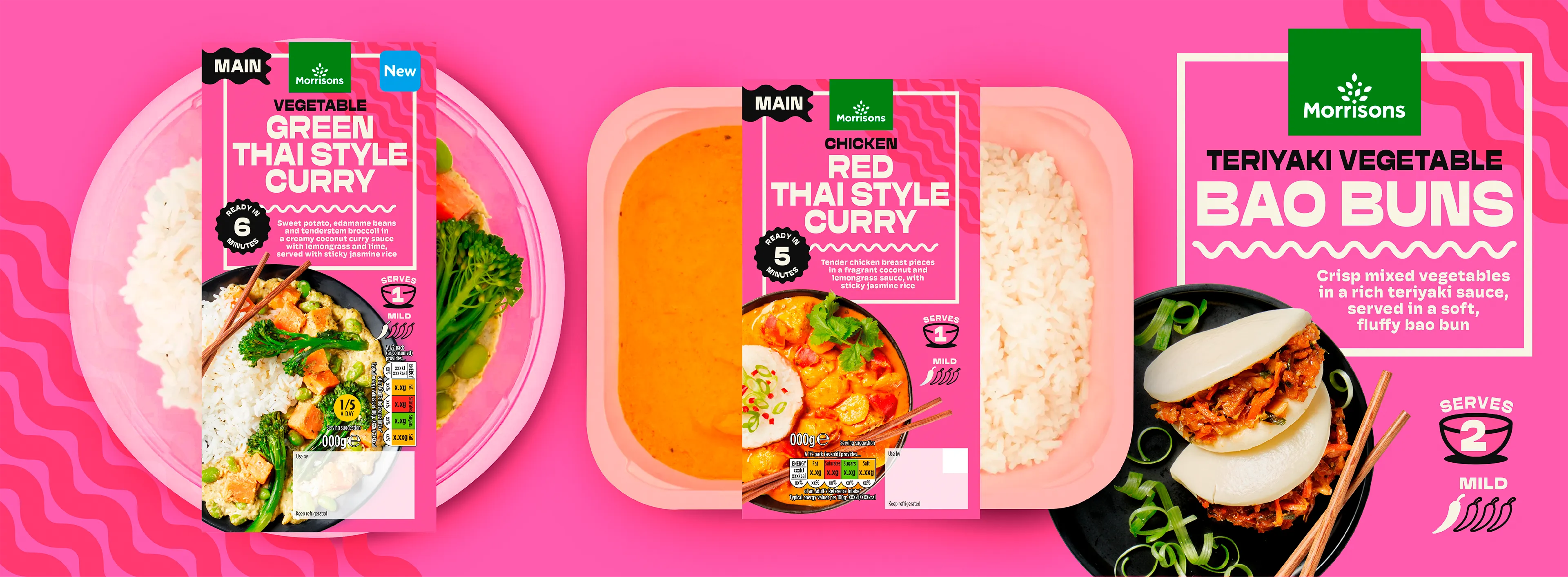 Front-of-pack shots showcasing Morrisons Green Thai Style Curry and Red Thai Style Curry, alongside an overhead shot of teriyaki vegetable bao buns, photographed against a pink background with wavy lines.