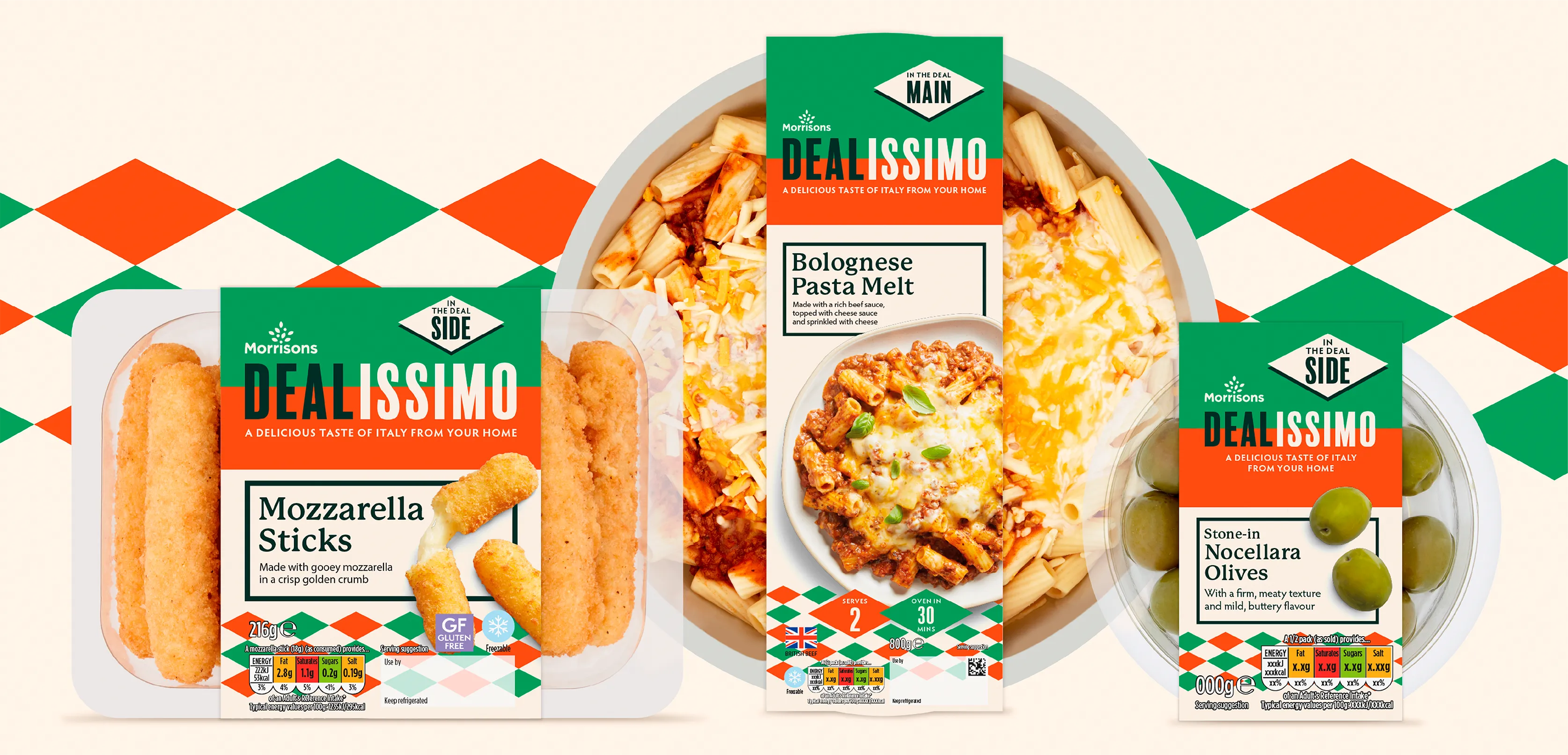 Front-of-pack shots showcasing Morrisons “Dealissimo” product packaging, including Mozzarella Sticks, Bolognese Pasta Melt, and Nocellara Olives, arranged against an orange and green harlequin background pattern.
