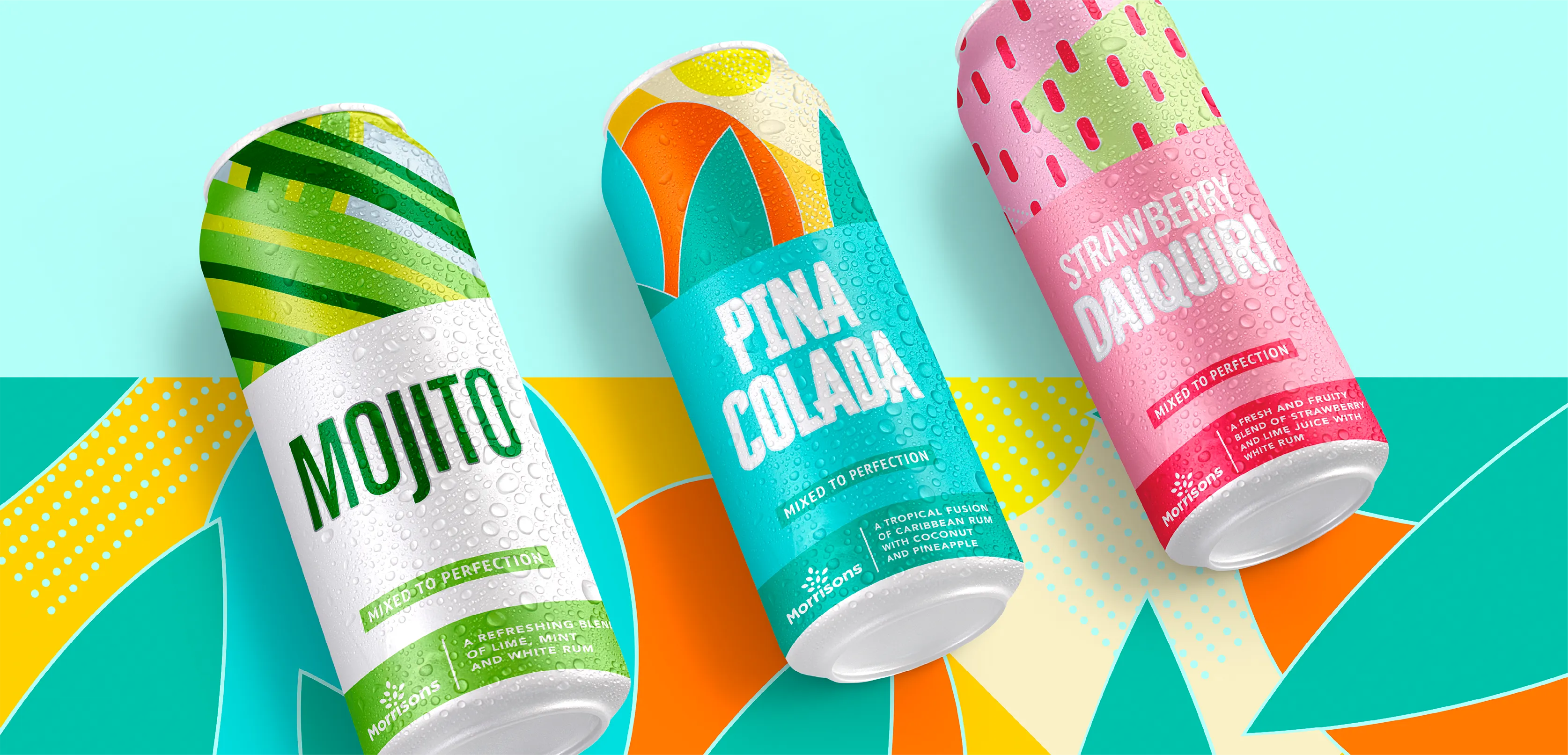 Three different Morrisons canned cocktail flavours, shot against a vibrant, mosaic-esque pattern.