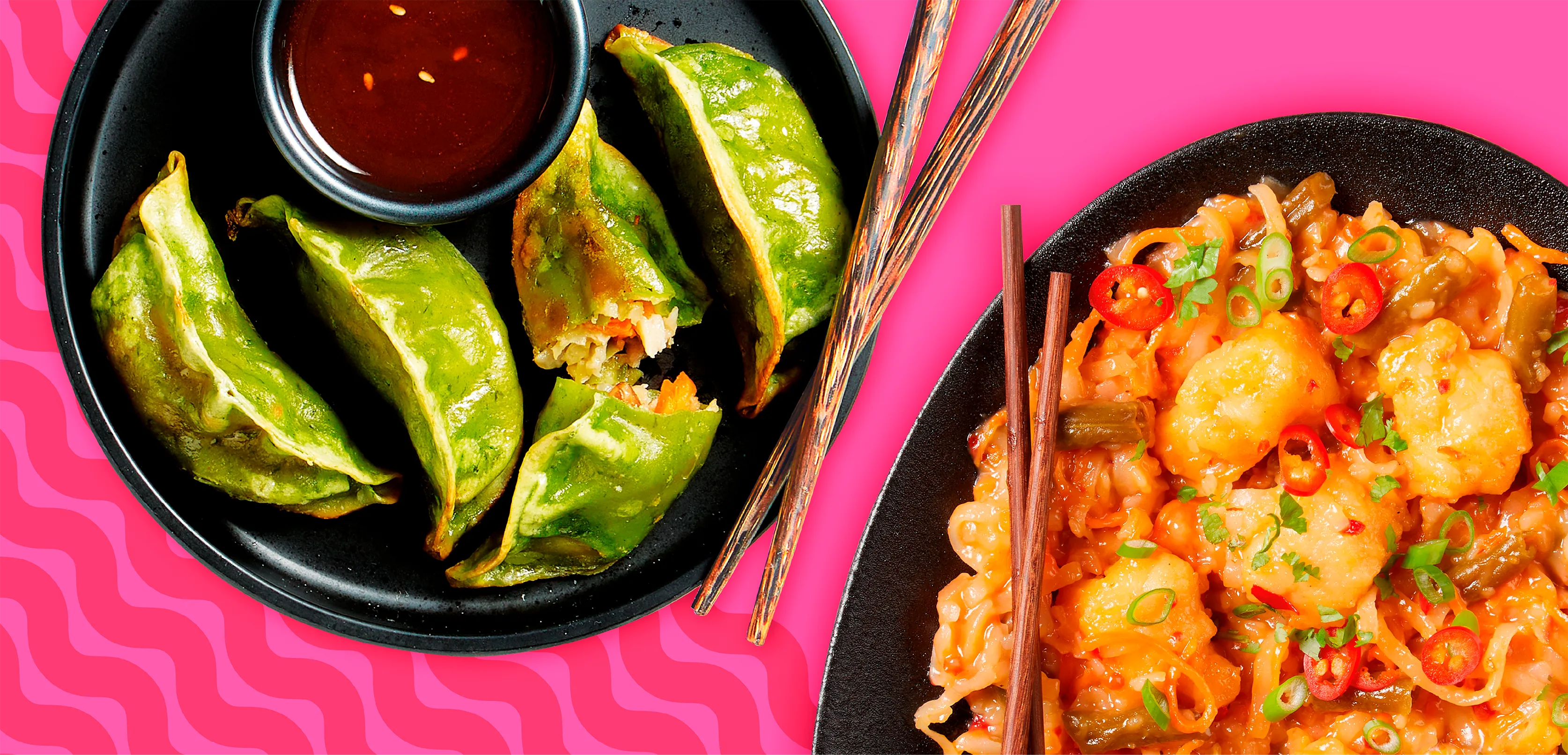 Styled food photography of Green Gyozas and sweet and sour chicken with noodles. Shot on rustic black plates against a pink background with wavy lines in the bottom left corner.
Shot in-house by Stocks Taylor Benson.