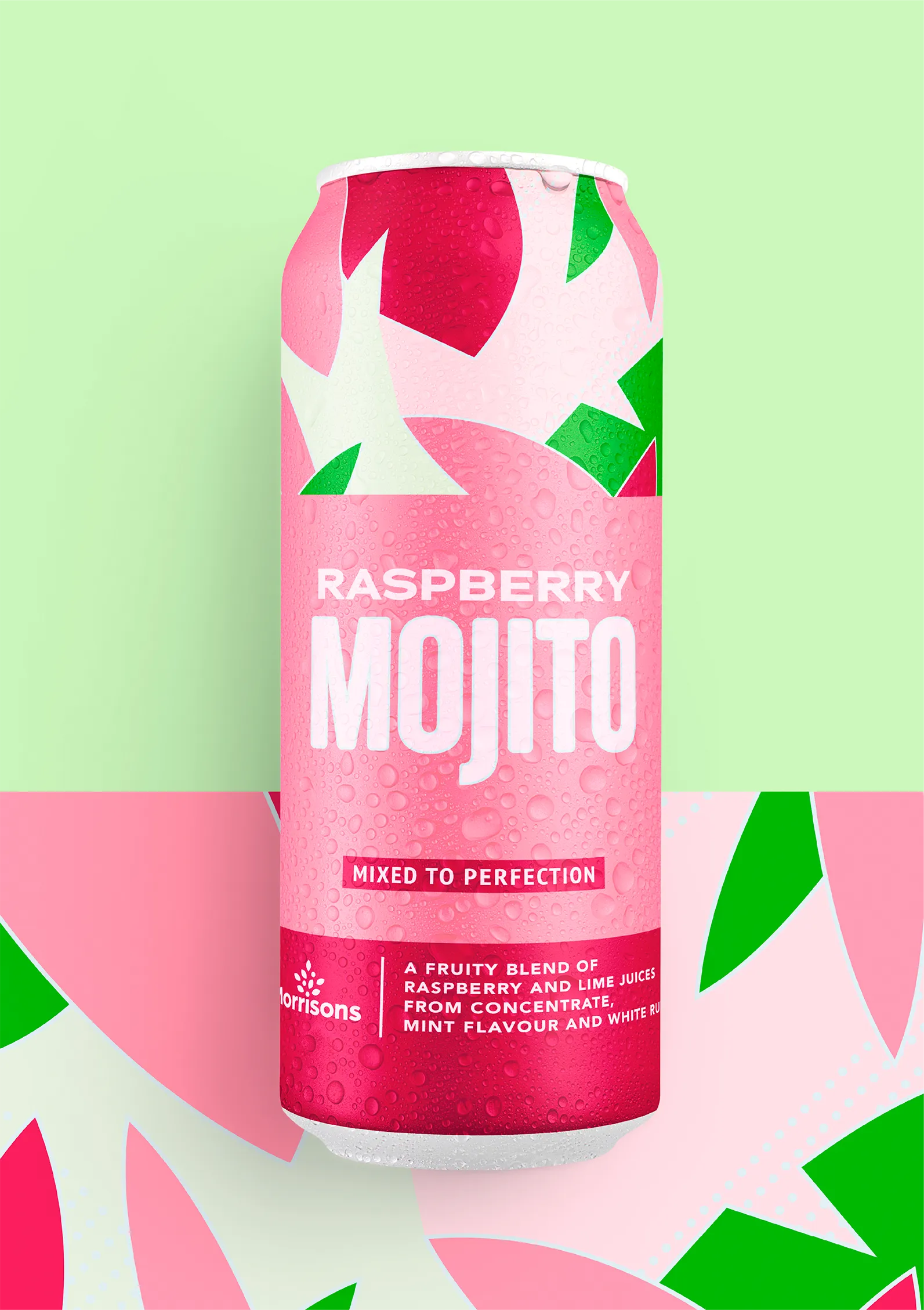 Front-of-can shot of a Morrisons Raspberry Mojito cocktail. Shot against a pink and green leaf, mosaic-esque pattern.