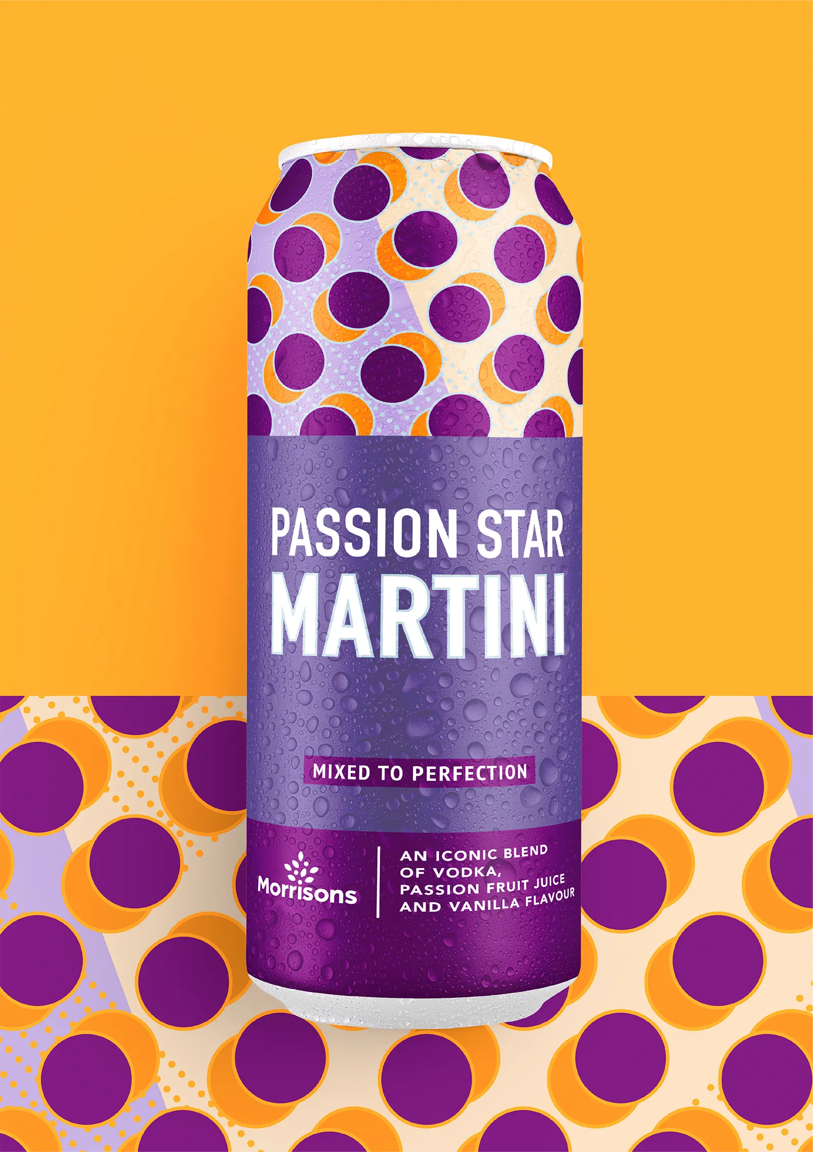 Front-of-can shot of a Morrisons Passion Star Martini cocktail. Shot against a yellow and purple circle, mosaic-esque pattern.