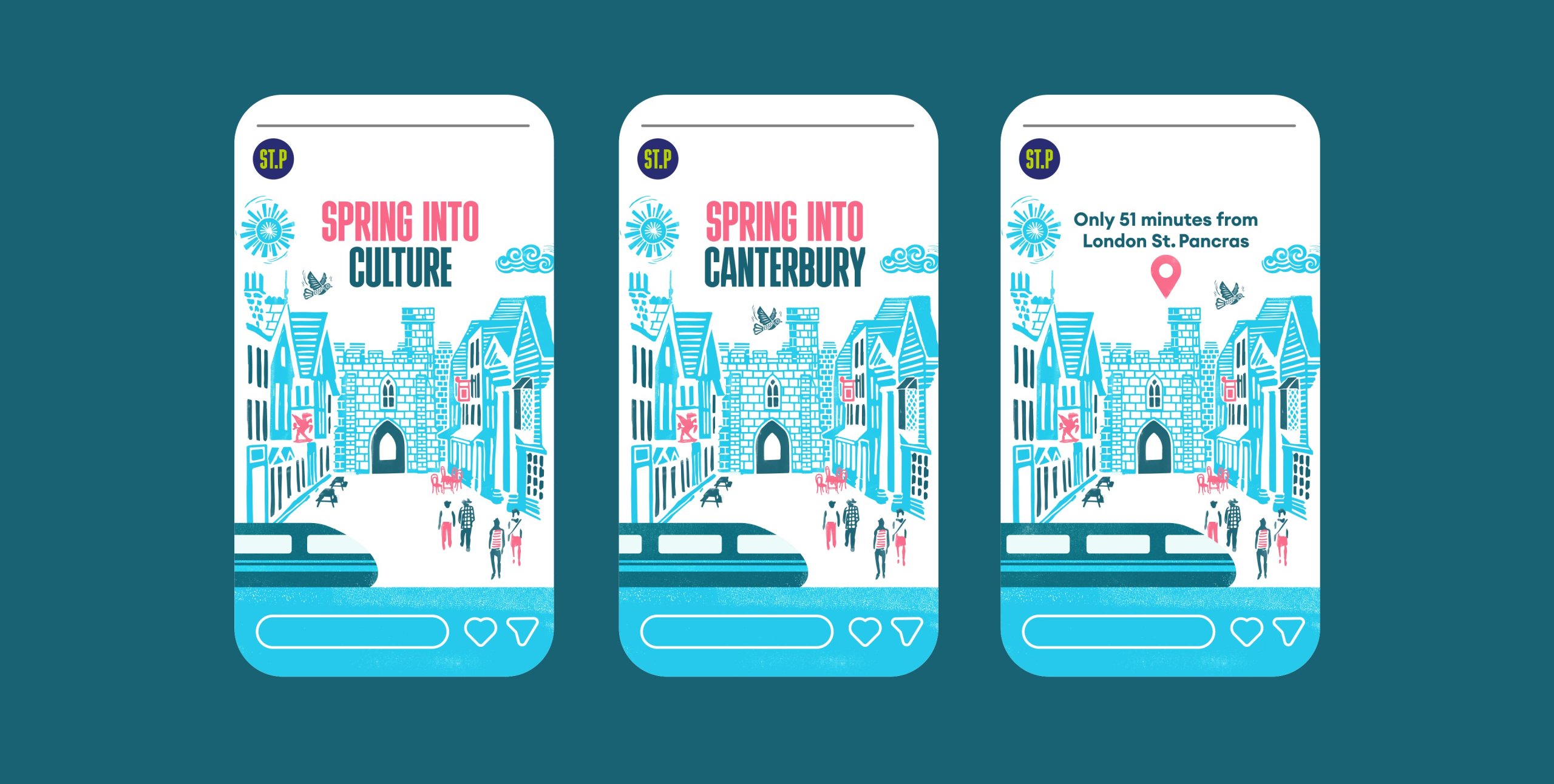 'Spring into Canterbury' Social Media stories. The stories feature linocut buildings and spring-themed assets.