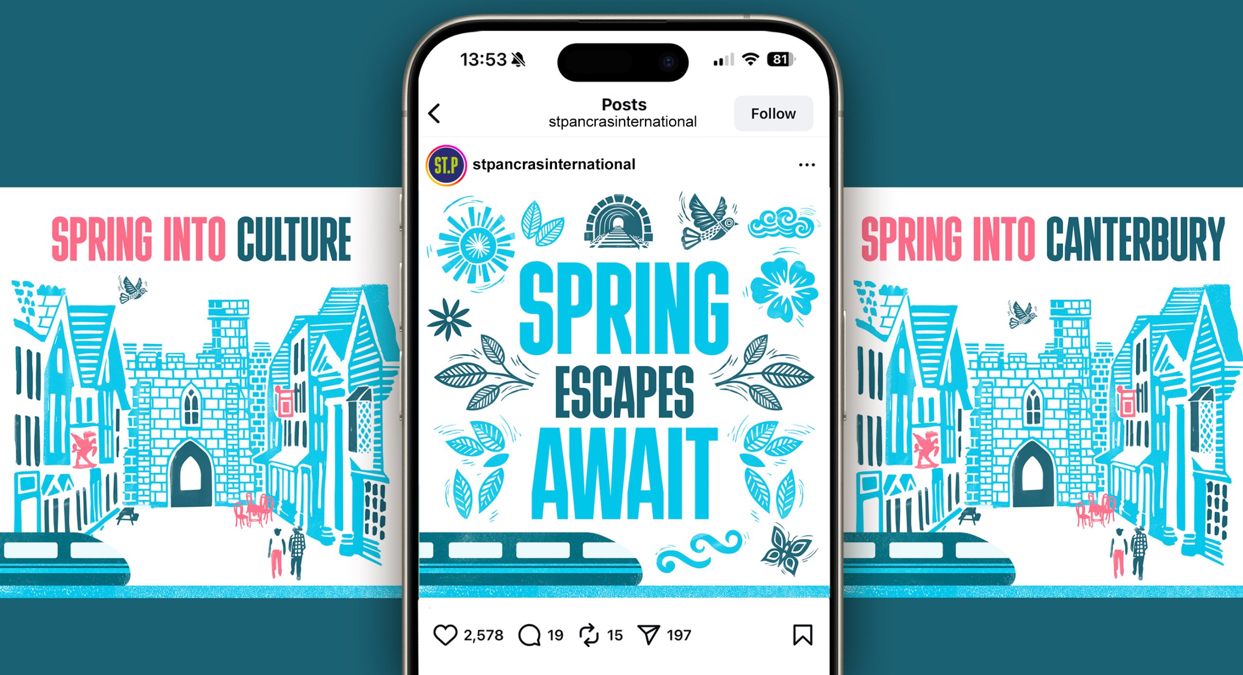 'Spring Escapes await', Instagram carousel mockup. Posts feature linocut buildings and spring-themed assets.