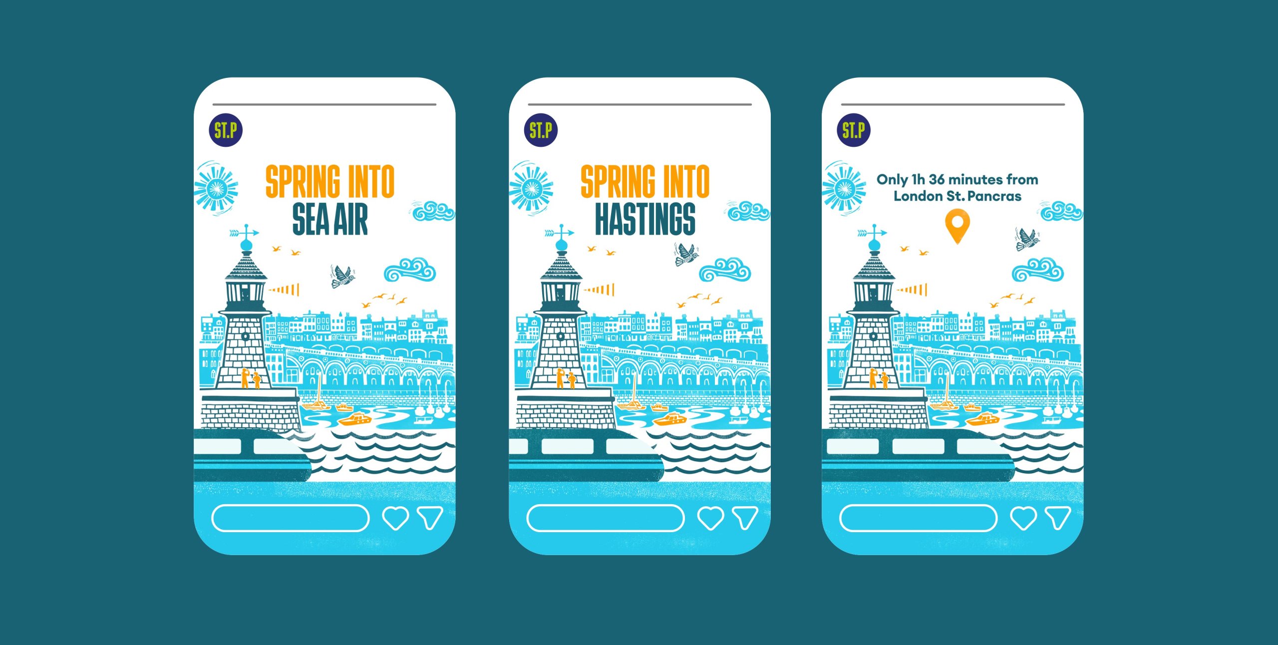 'Spring into Hastings' Social Media stories. The stories feature linocut buildings and spring-themed assets.