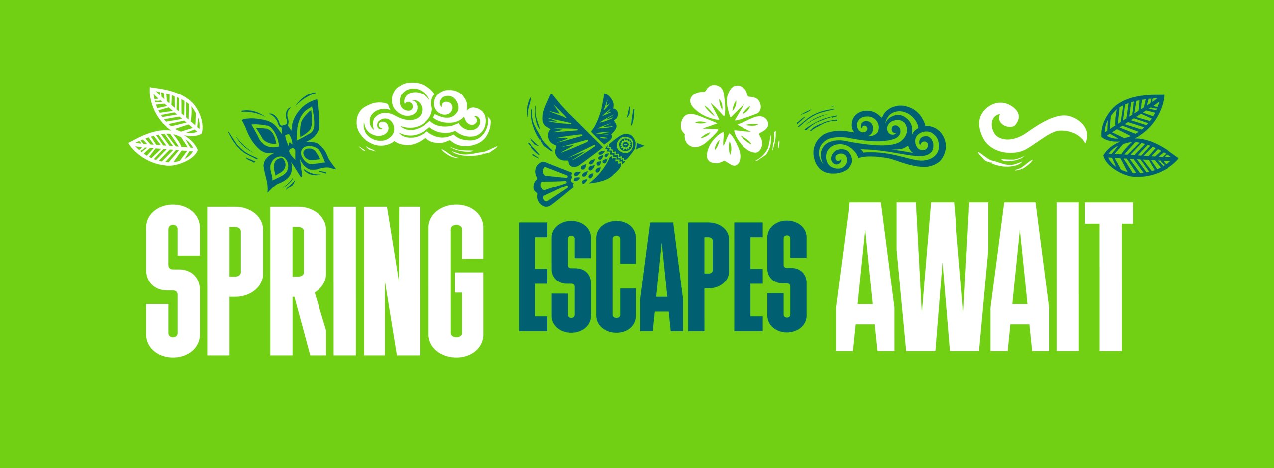 'Spring Escapes Await' Title with Linocut assets.