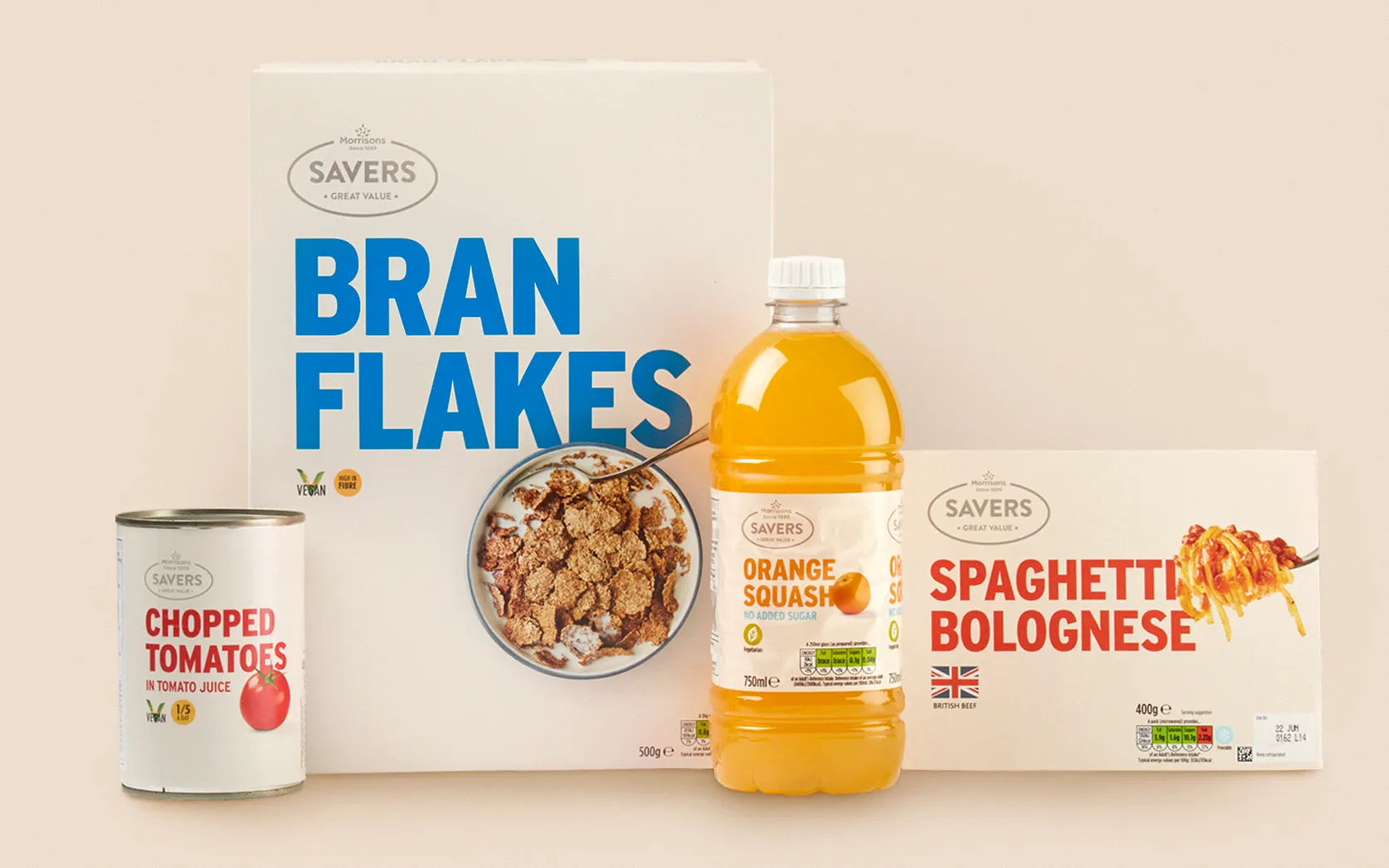 Photography showing a range of different Morrisons savers products. Packaging designed and photographed by Stocks Taylor Benson in our in house studio.