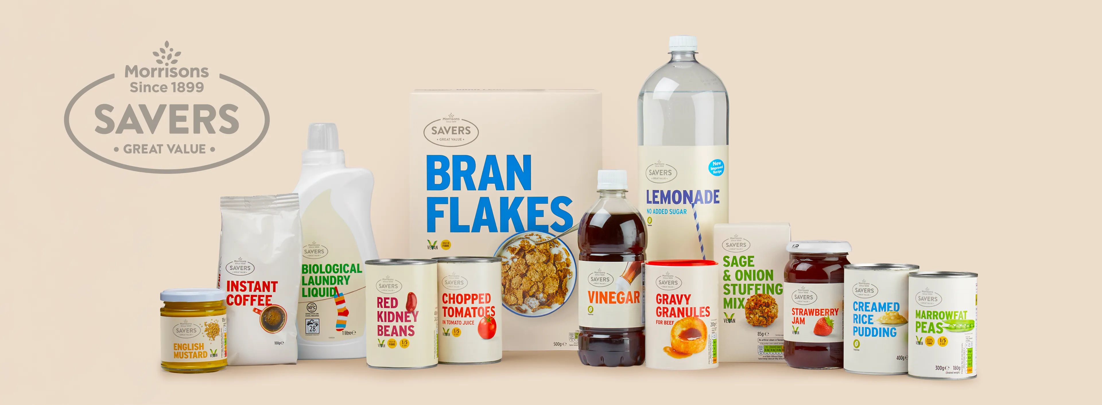 Photography of various Morrisons Savers products, with bold typography and colours.