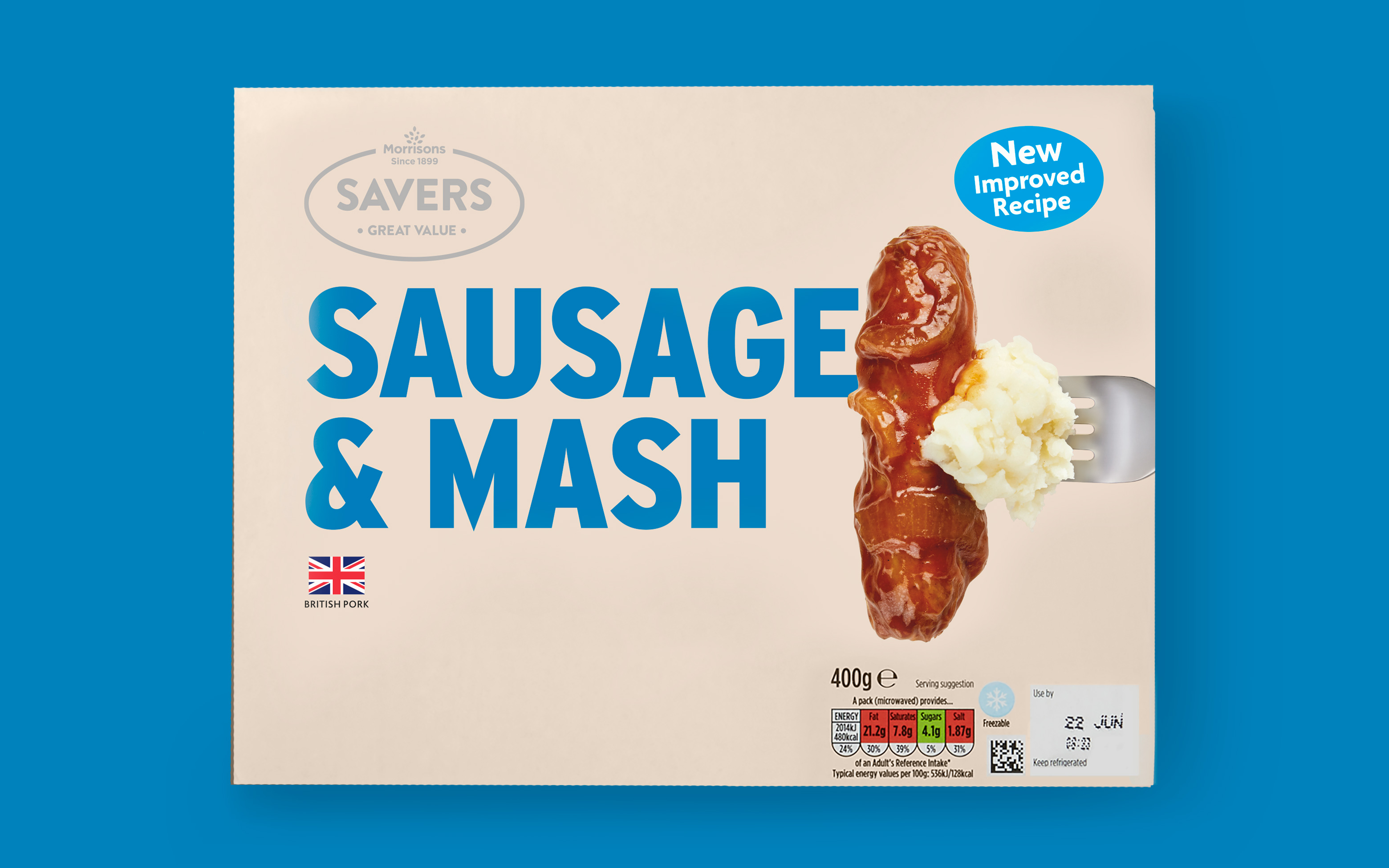 Photography of a Morrisons Savers Sausage & Masg box with bold typography, shot on a blue background.