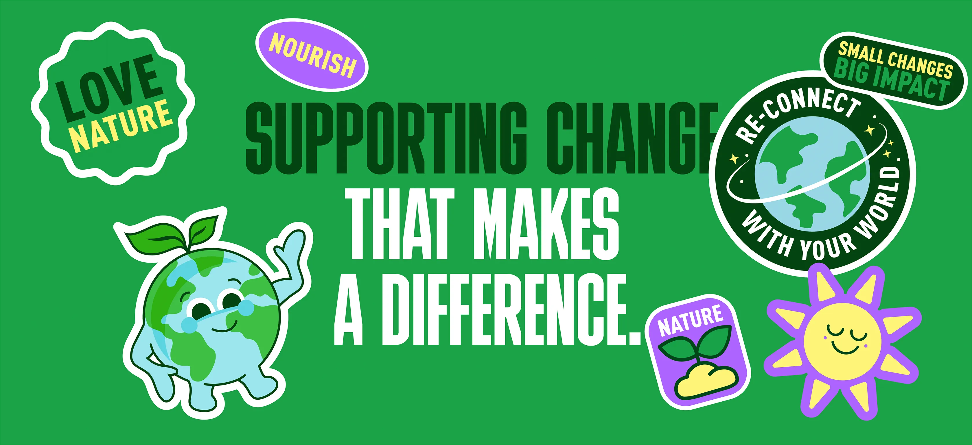HS1 Globey sticker and summer stickers with pro-environmental messaging. 'Supporting change that makes a difference'.