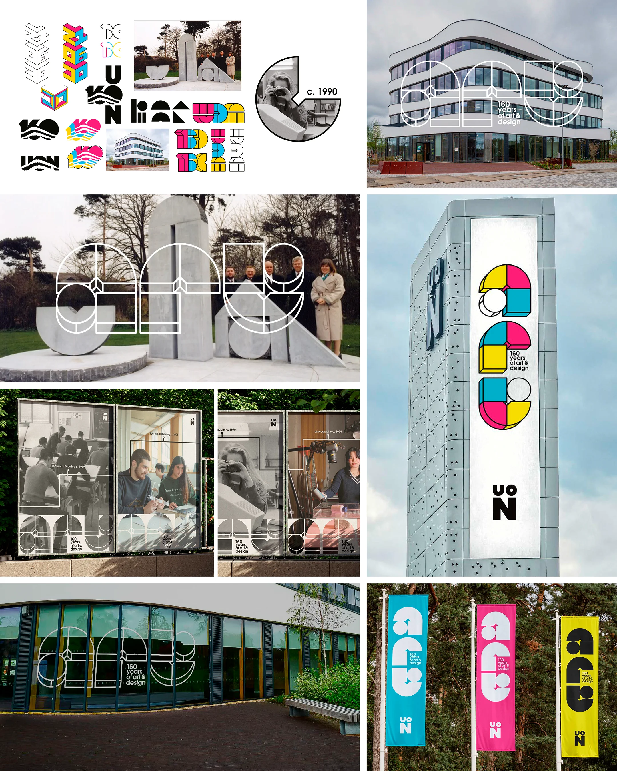 A collage of imagery from UoN student Shahbaaz Zeb's 160 years of art and design project.

The images feature process pages and final outcomes, with bold typography created from blocks.