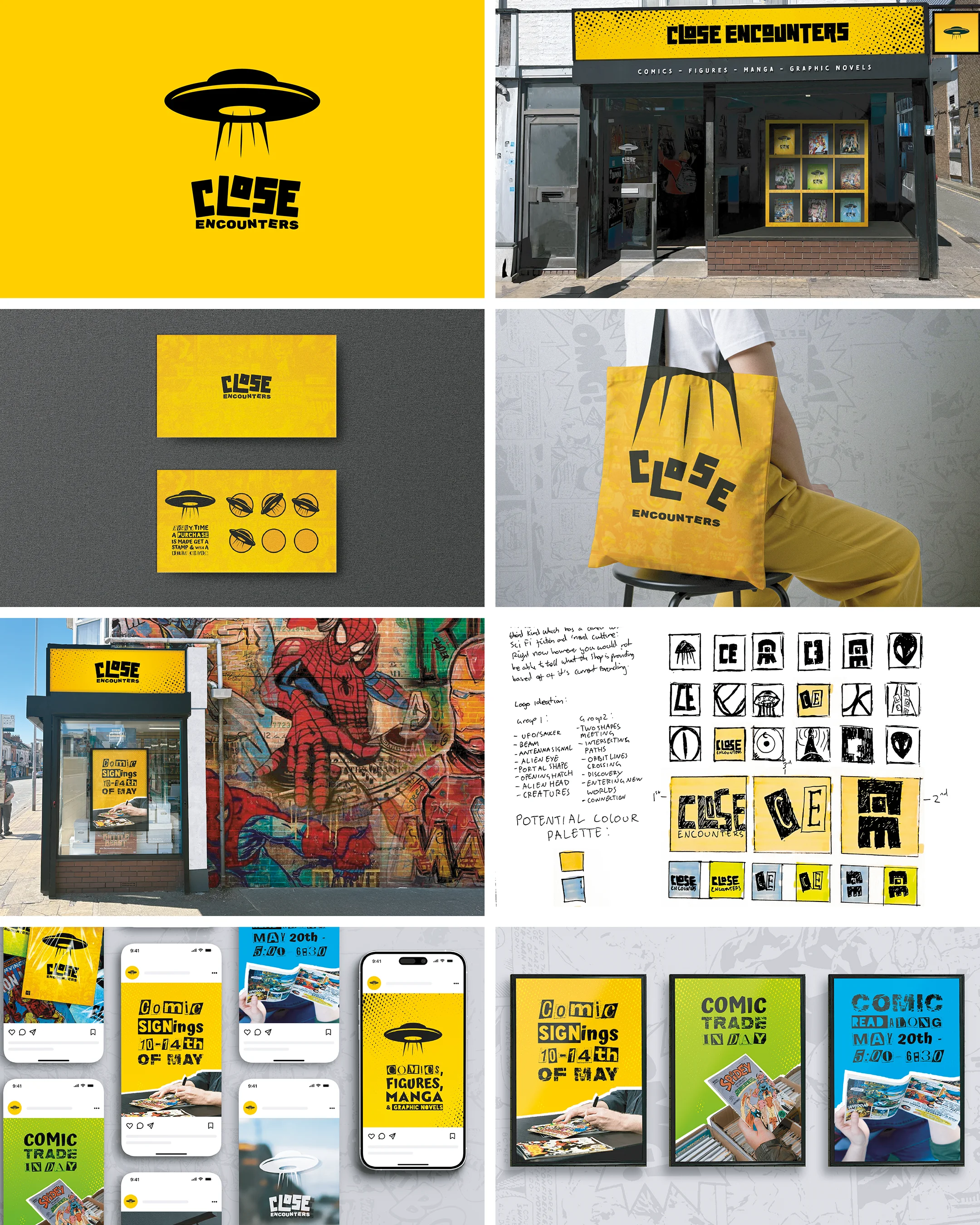 A collage of imagery from UoN student Connor King's Close Encounters, comic book shop project.

The images feature process pages and final outcomes, with playful type and a vibrant yellow colour scheme.