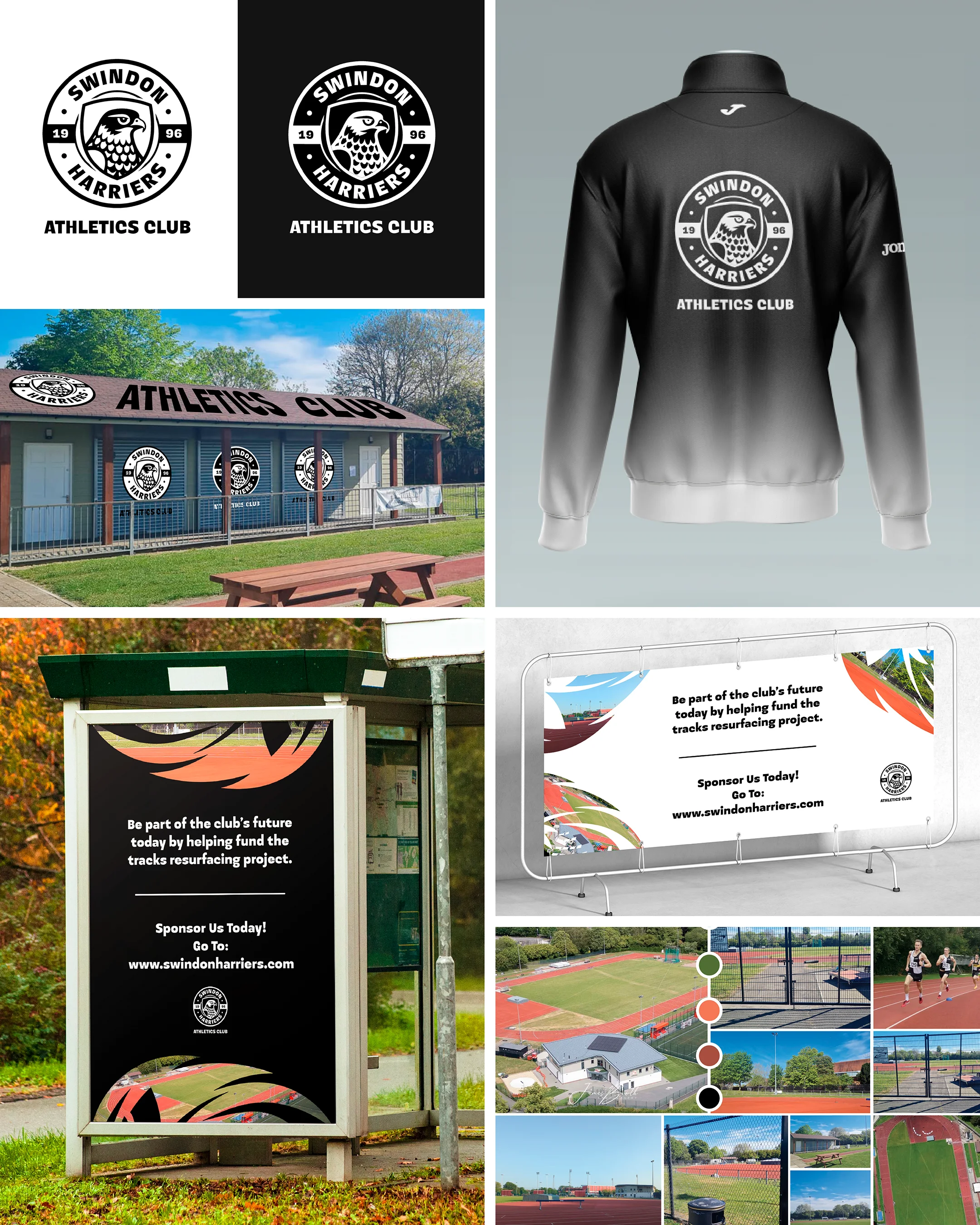 A collage of imagery from UoN student Zachary Sparkes' rebrand of the Swindon Harriers Athletic Club.

The brand colour scheme takes the colours from the running track, and uses feather-esque swooshes, which act as windows for graphics.